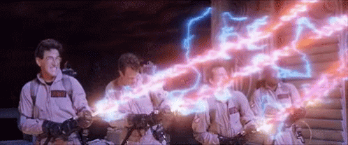 Animated image of ghostbusters using 
    their proton pack